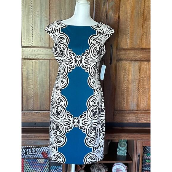 London Times Size 6 Sleeveless‎ Dress Teal w/ White and Black Pattern NWT - Picture 1 of 6